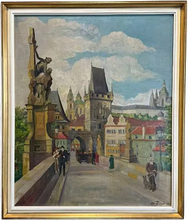 Von Bleyle, Charles Bridge Oil on panel, Framed, 1940