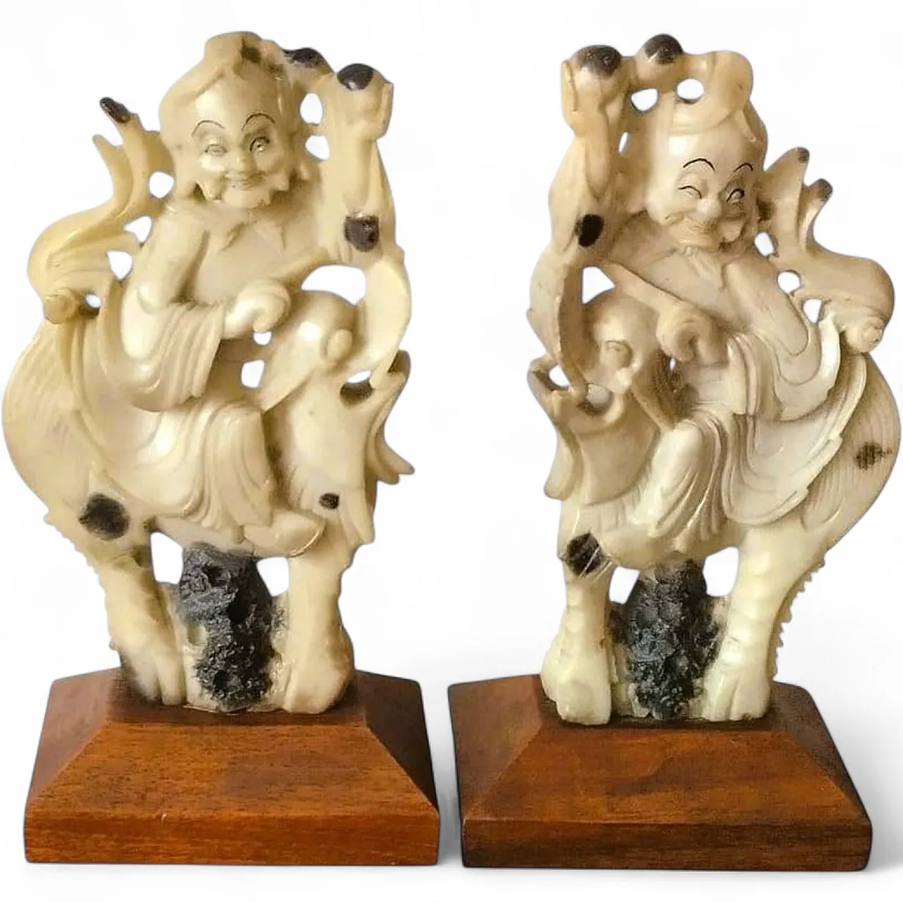 Carved stone sculptures of Qilin knights on wooden bases, early 20th century 9