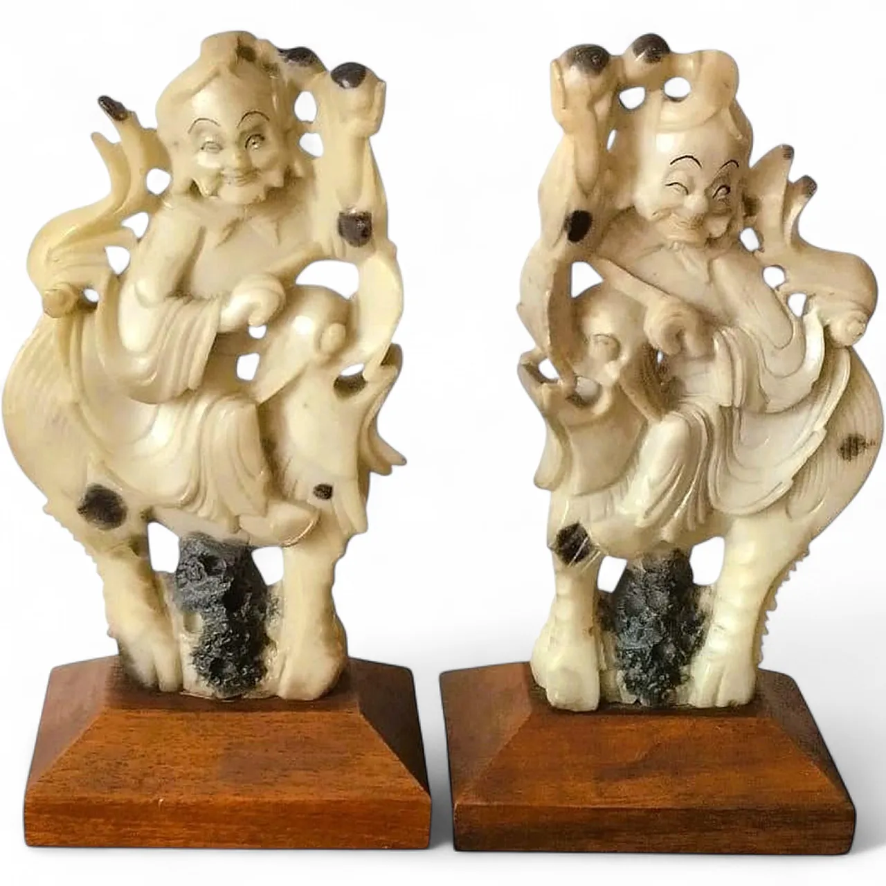 Carved stone sculptures of Qilin knights on wooden bases, early 20th century 10