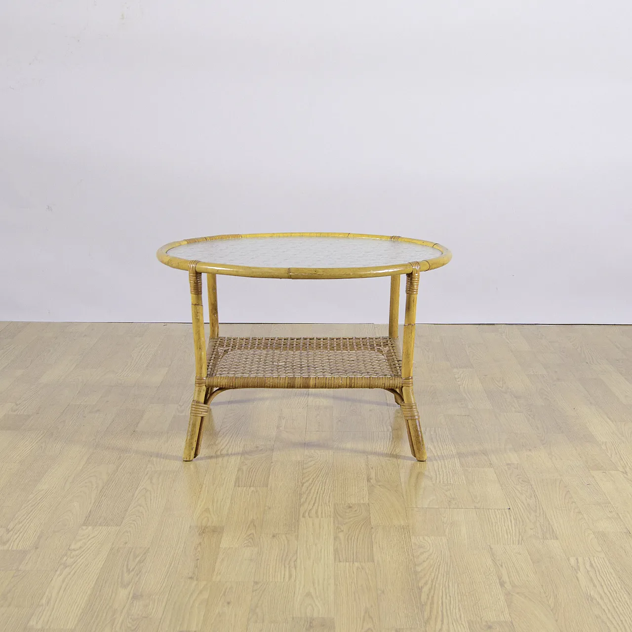 Bamboo and rattan coffee table with glass top and woven shelf, 1950s 1