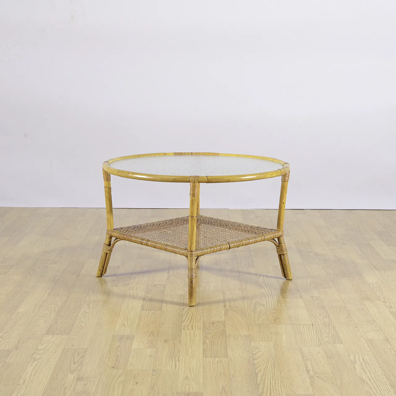 Bamboo and rattan coffee table with glass top and woven shelf, 1950s 2