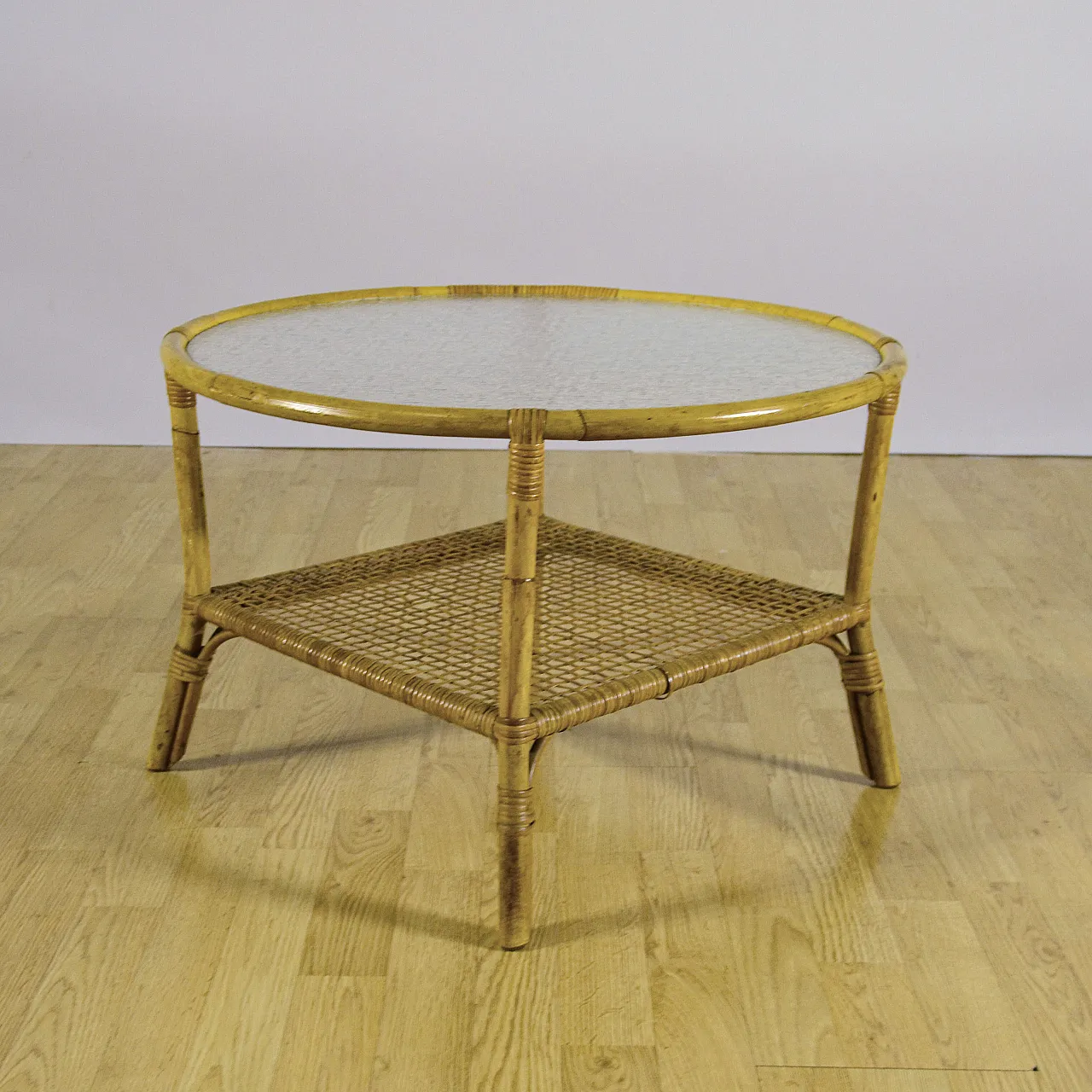 Bamboo and rattan coffee table with glass top and woven shelf, 1950s 3