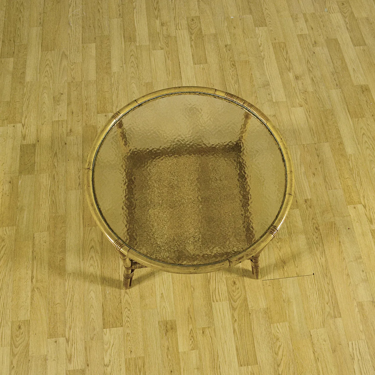 Bamboo and rattan coffee table with glass top and woven shelf, 1950s 4