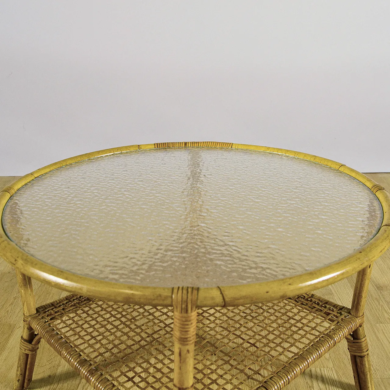 Bamboo and rattan coffee table with glass top and woven shelf, 1950s 5