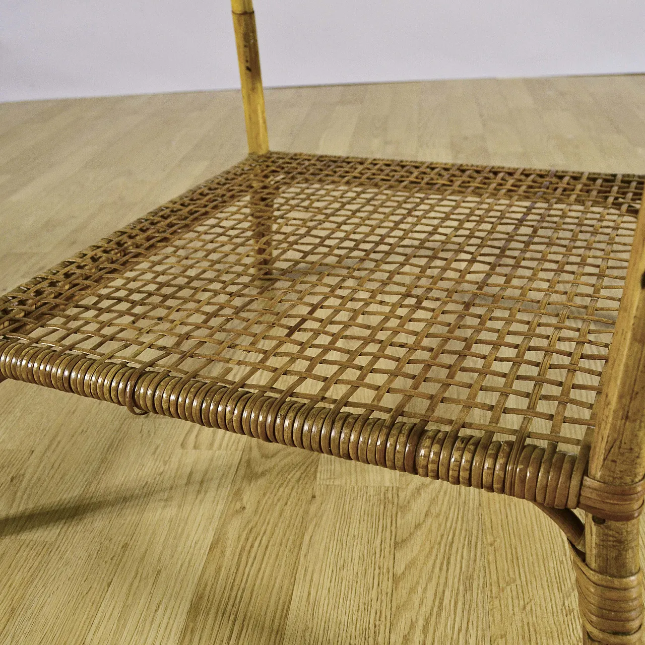Bamboo and rattan coffee table with glass top and woven shelf, 1950s 6