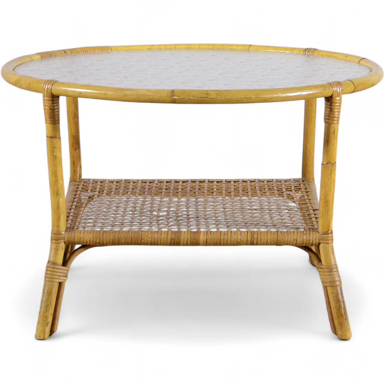 Bamboo and rattan coffee table with glass top and woven shelf, 1950s 8