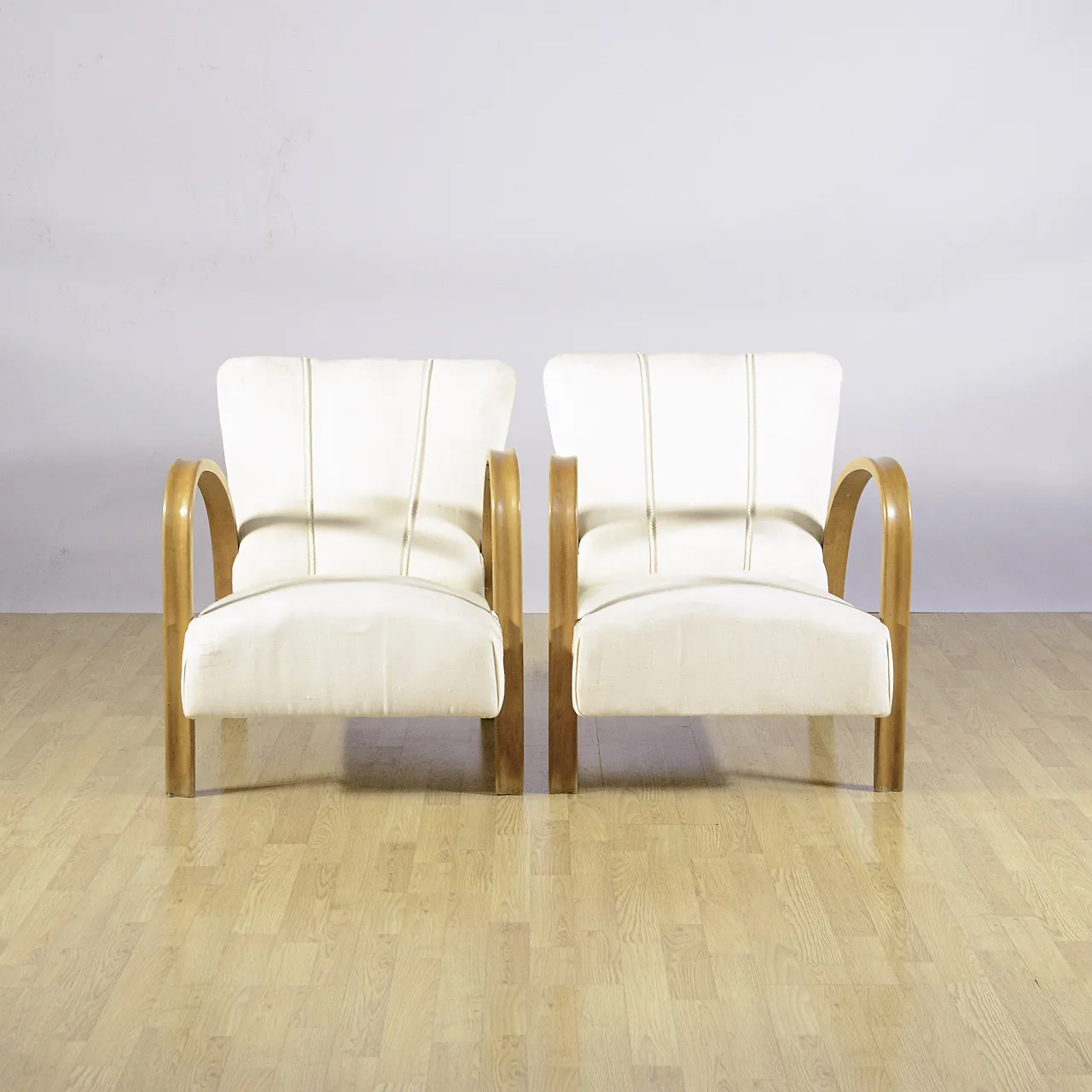 Coppia di poltrona Art Deco con braccioli ricurvi e tessuto, anni '30 1