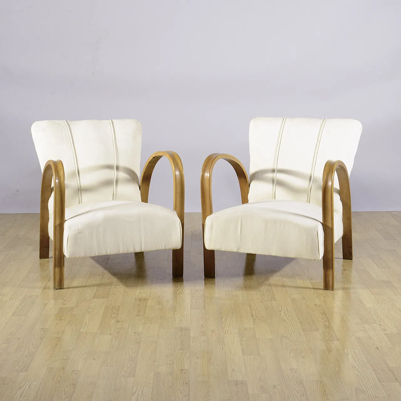 Coppia di poltrona Art Deco con braccioli ricurvi e tessuto, anni '30 2