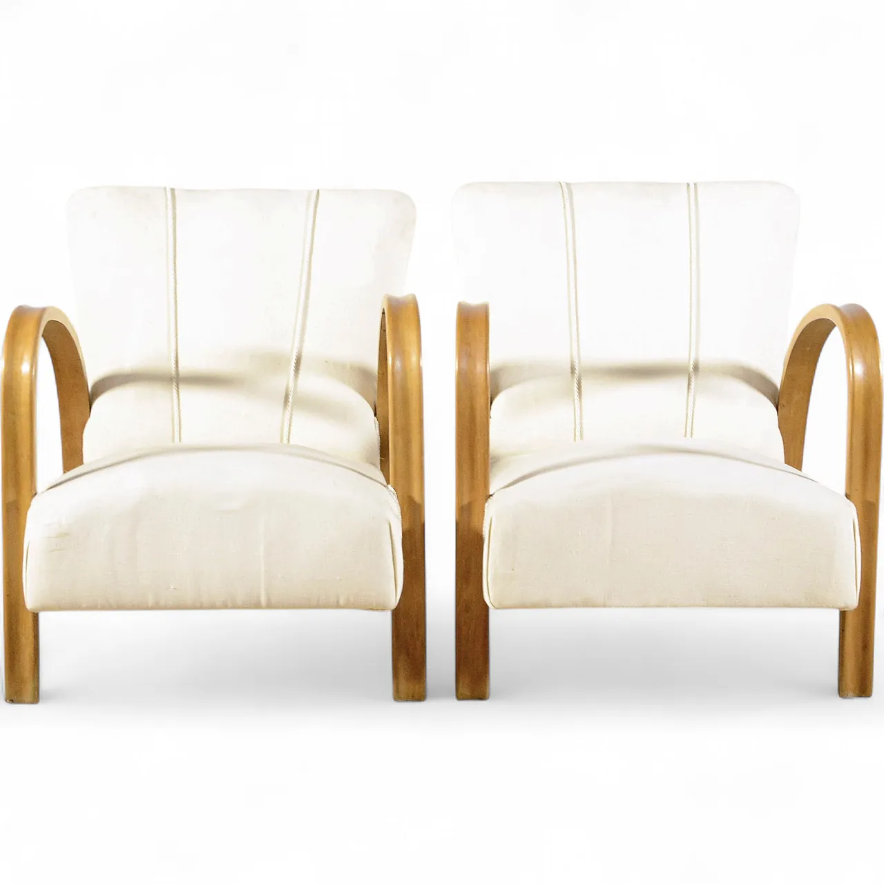 Coppia di poltrona Art Deco con braccioli ricurvi e tessuto, anni '30 9
