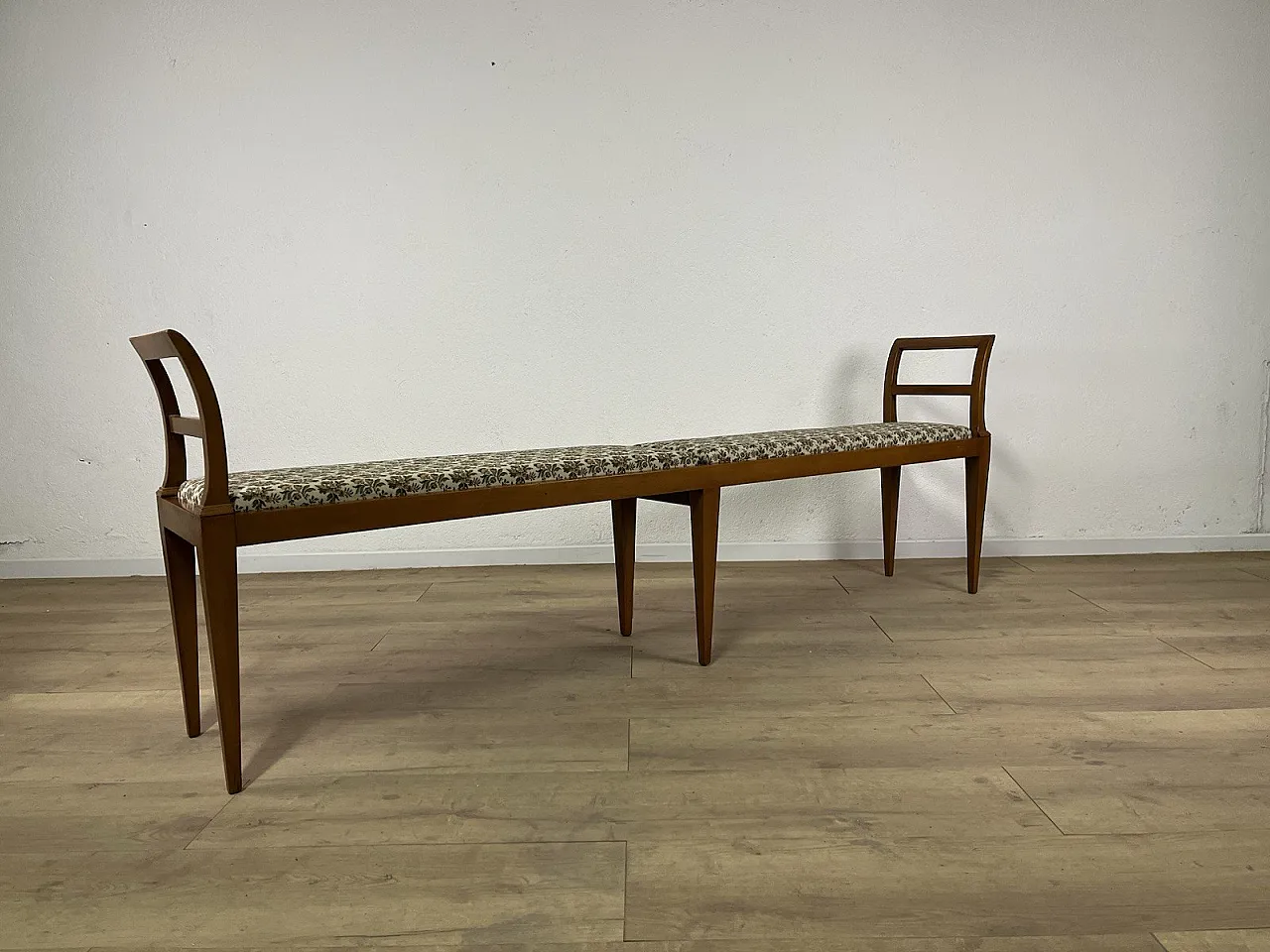 Panchina in legno e tessuto, anni '50 10