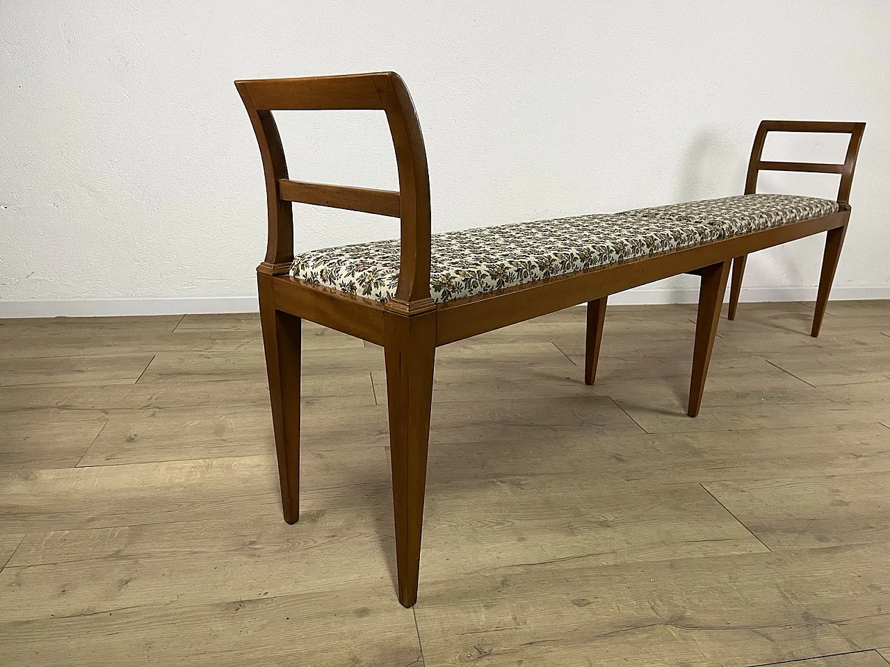 Panchina in legno e tessuto, anni '50 11