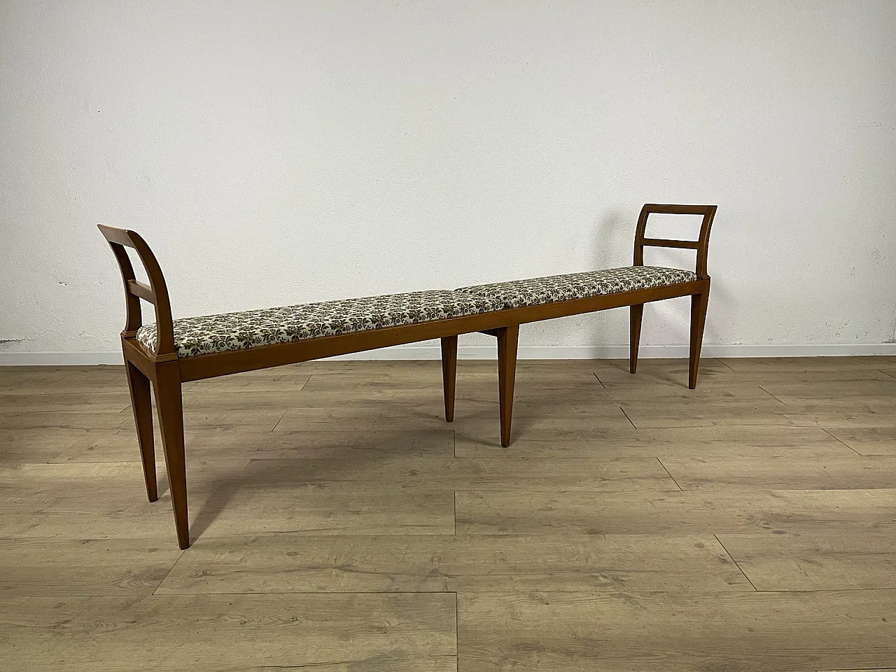 Panchina in legno e tessuto, anni '50 12