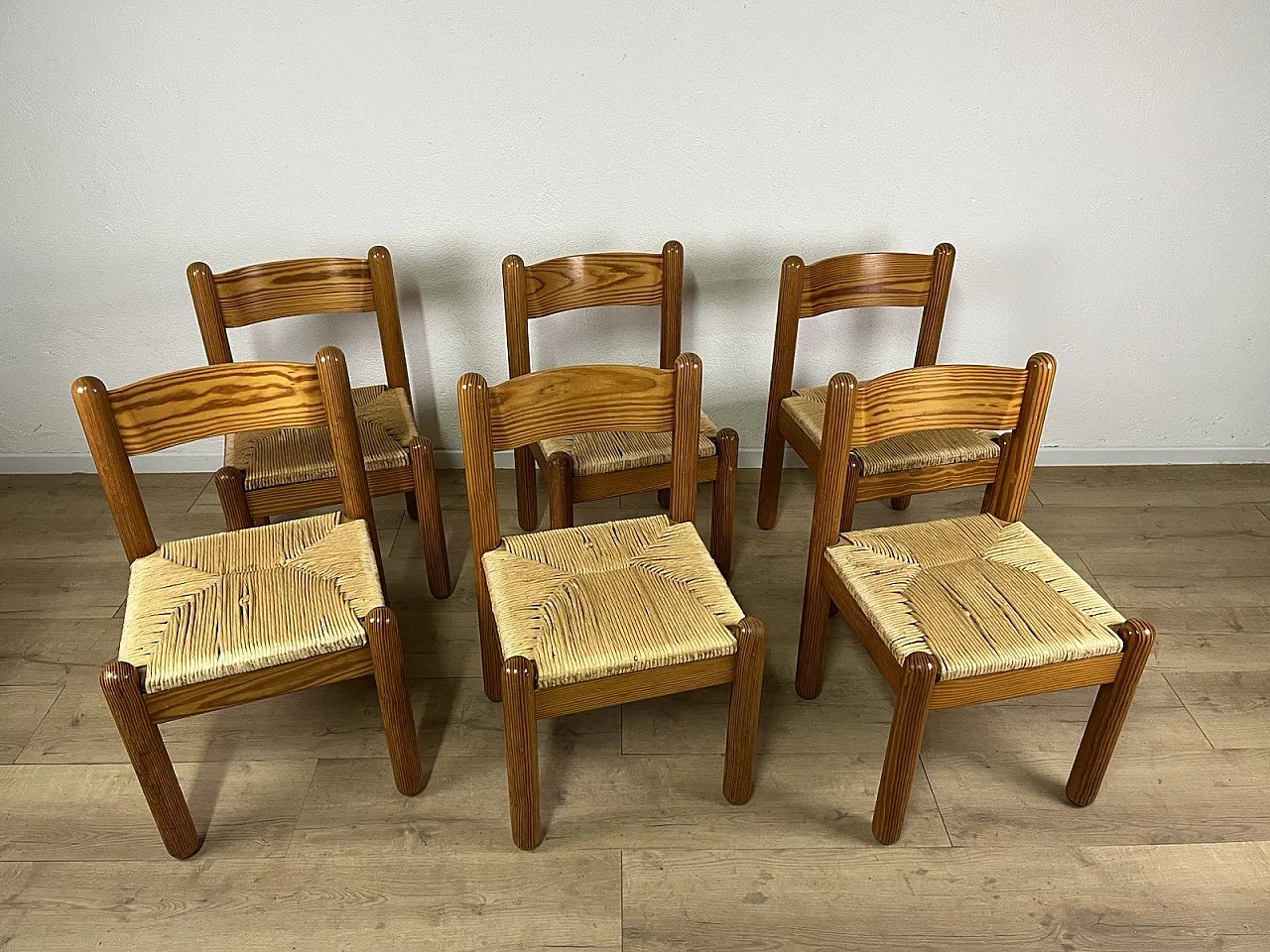 6 Sedie in faggio e paglia intrecciata di Charlotte Perriand, anni '60 2