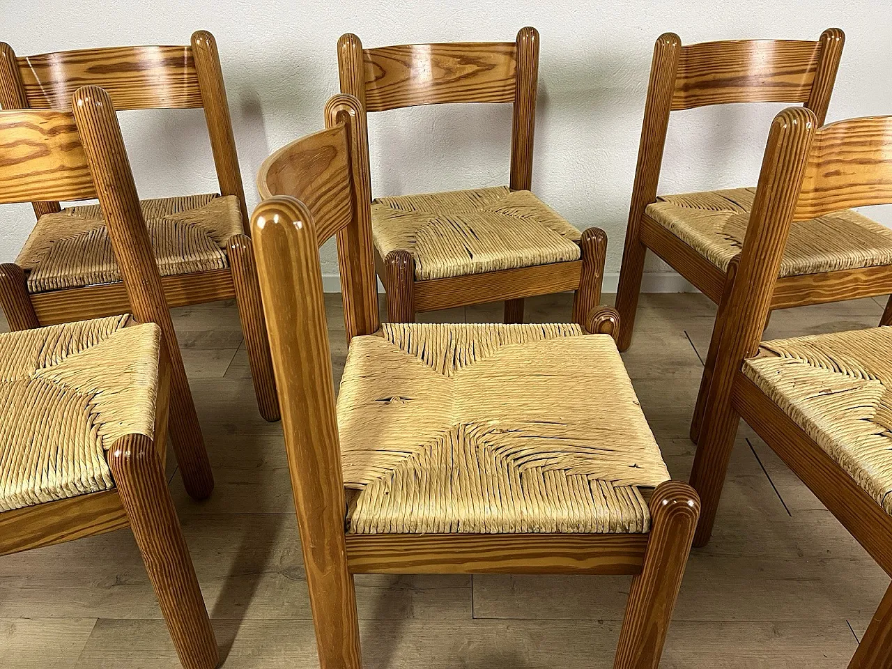 6 Sedie in faggio e paglia intrecciata di Charlotte Perriand, anni '60 12