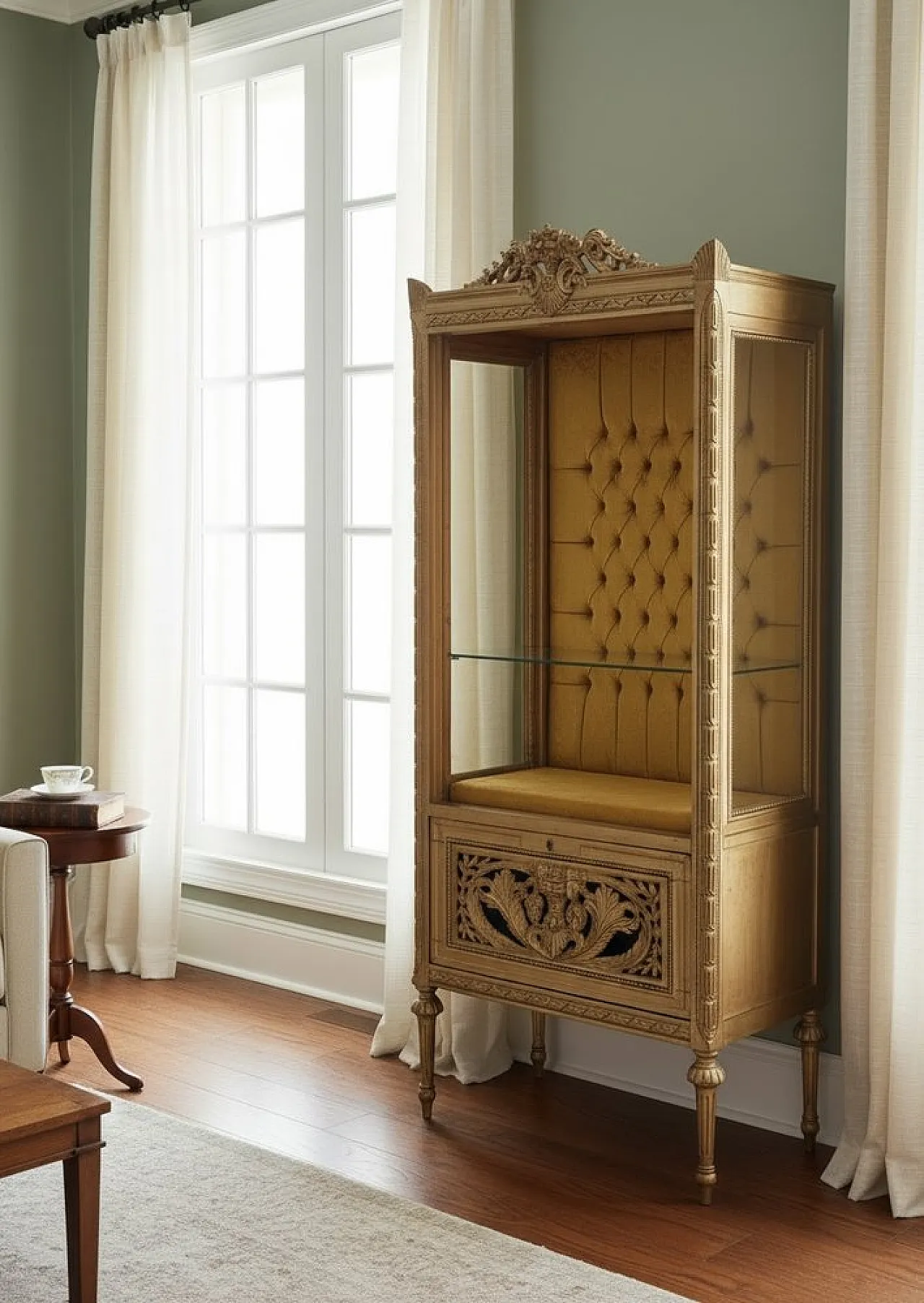 Baroque display cabinet in carved wood with capitonnè interior, 1980s 3