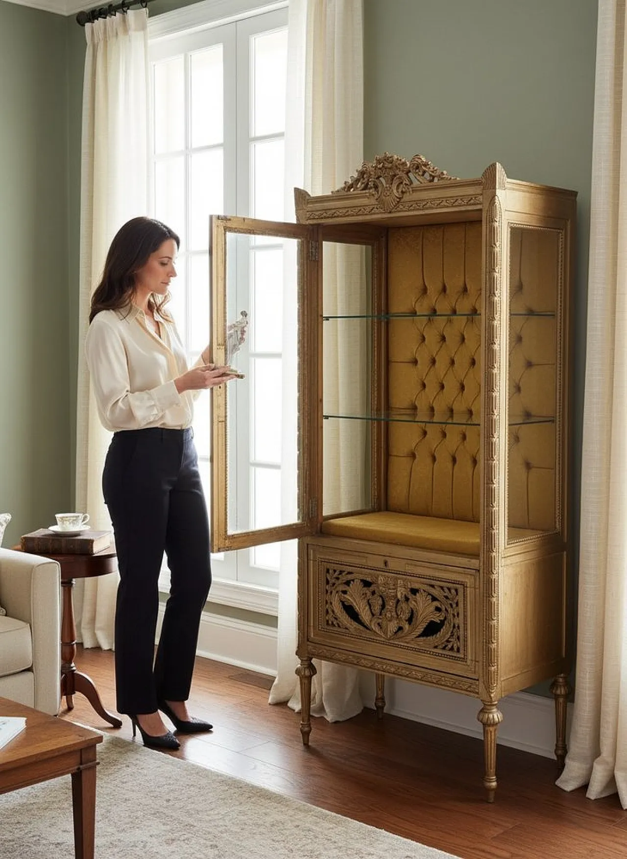 Baroque display cabinet in carved wood with capitonnè interior, 1980s 4