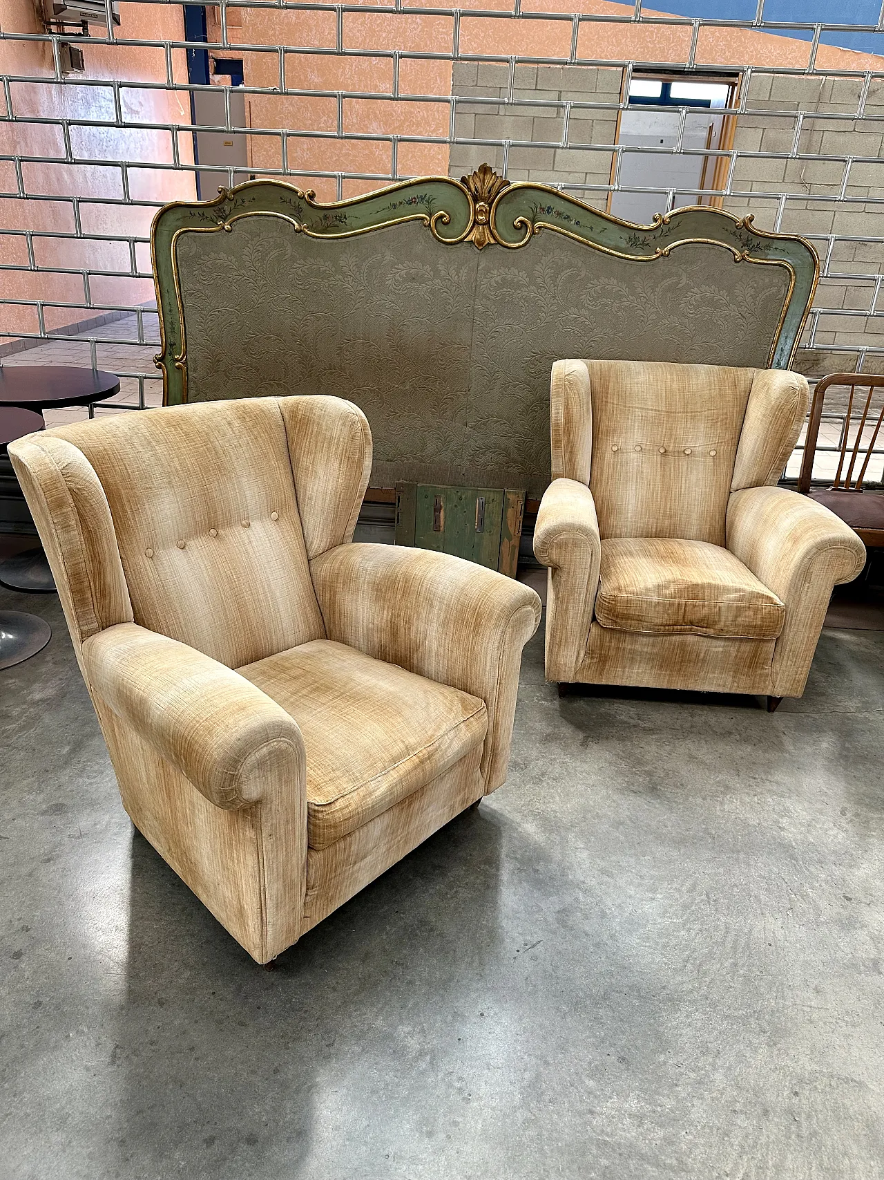 Pair of Bergère armchairs in beige velvet, conical feet, Italy, 1950s 1