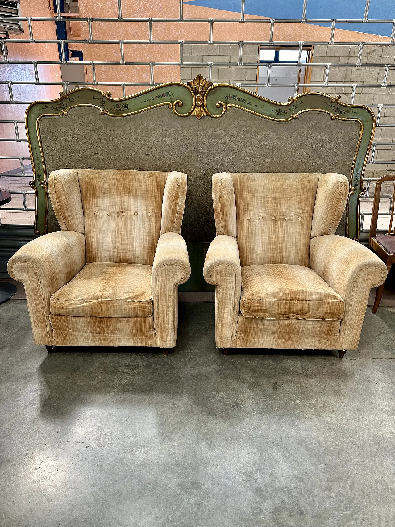 Pair of Bergère armchairs in beige velvet, conical feet, Italy, 1950s 2
