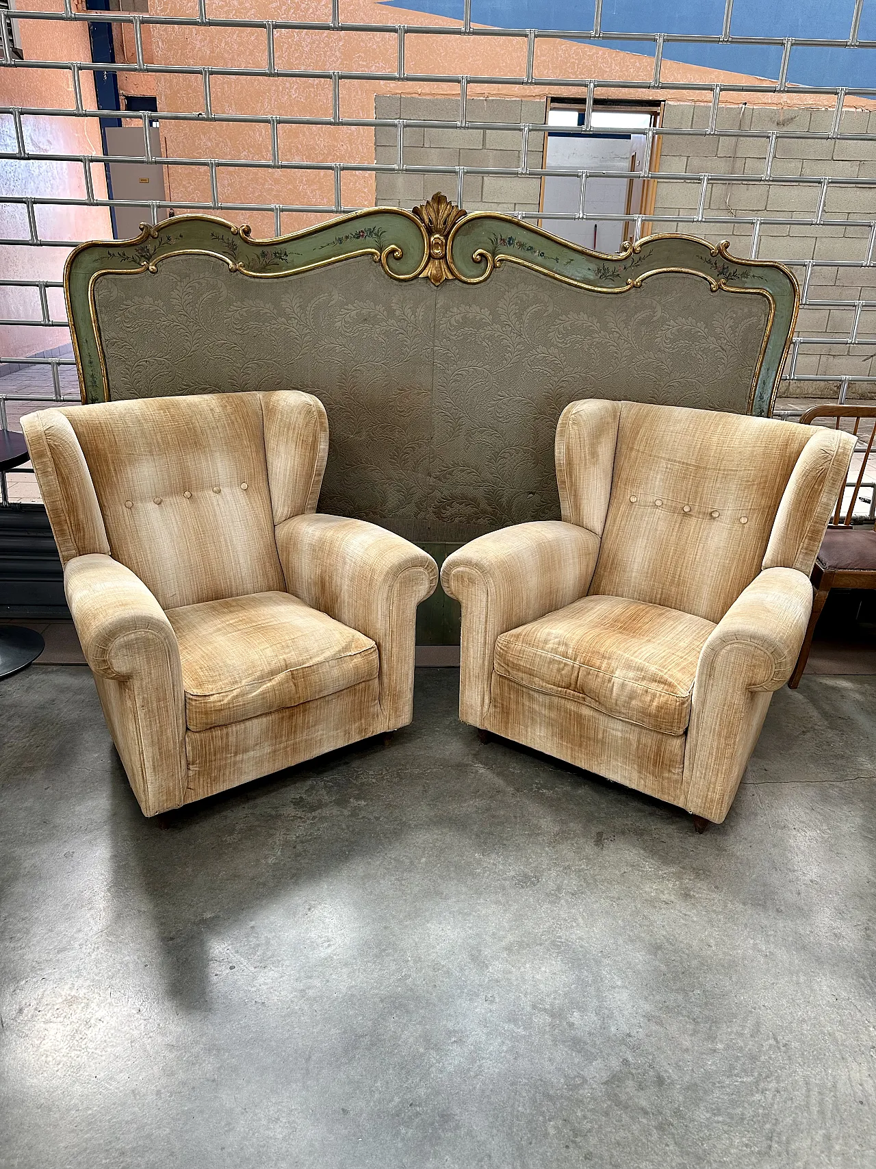 Pair of Bergère armchairs in beige velvet, conical feet, Italy, 1950s 3