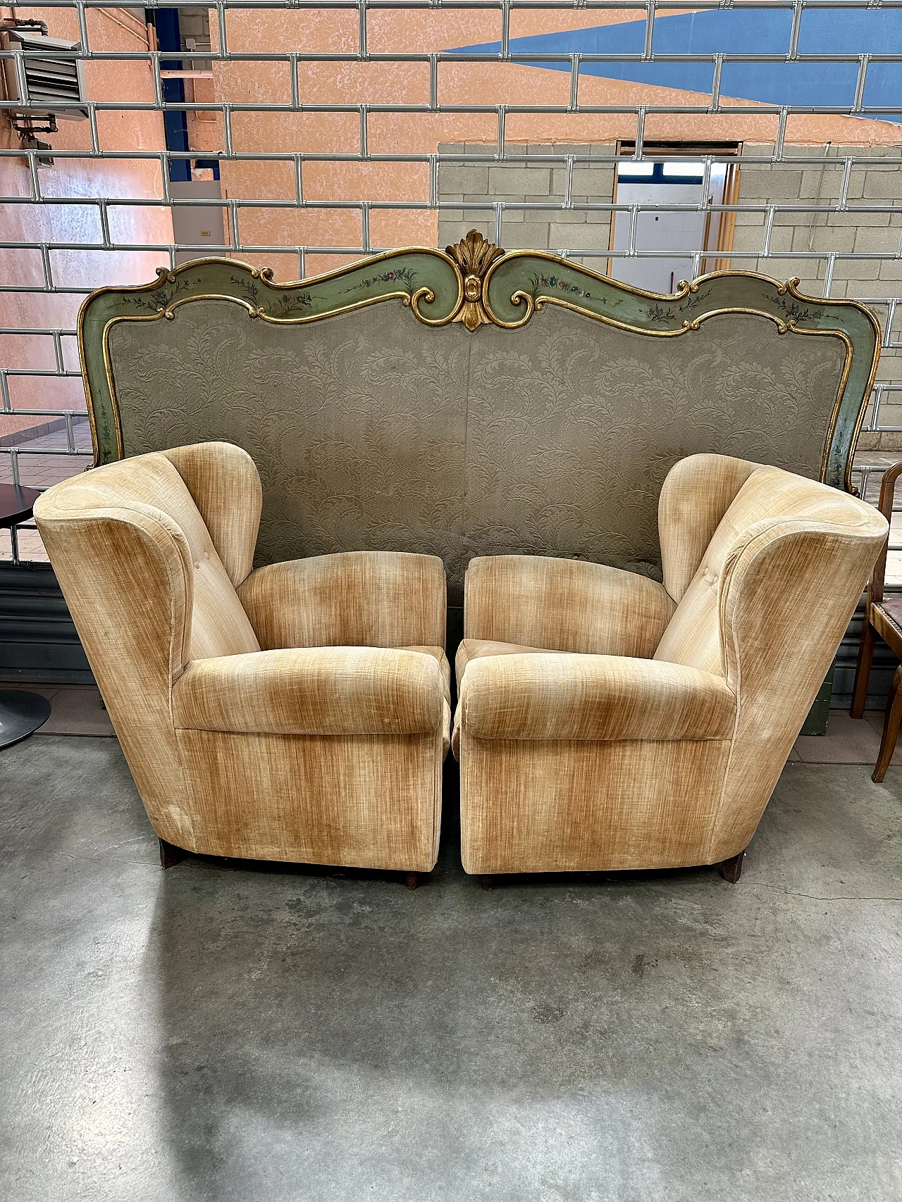 Pair of Bergère armchairs in beige velvet, conical feet, Italy, 1950s 4