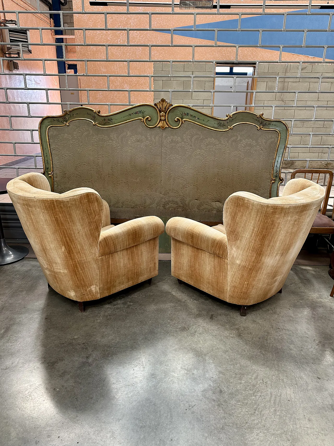 Pair of Bergère armchairs in beige velvet, conical feet, Italy, 1950s 5