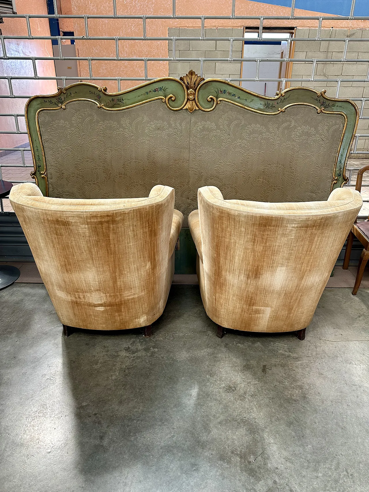 Pair of Bergère armchairs in beige velvet, conical feet, Italy, 1950s 6