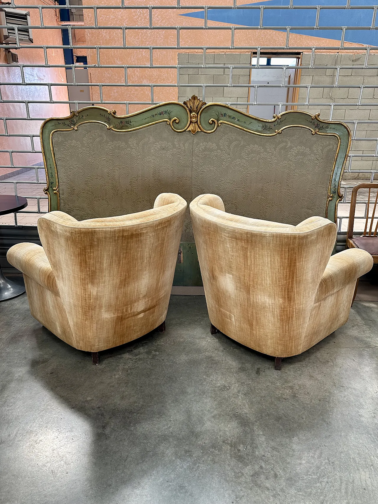 Pair of Bergère armchairs in beige velvet, conical feet, Italy, 1950s 7