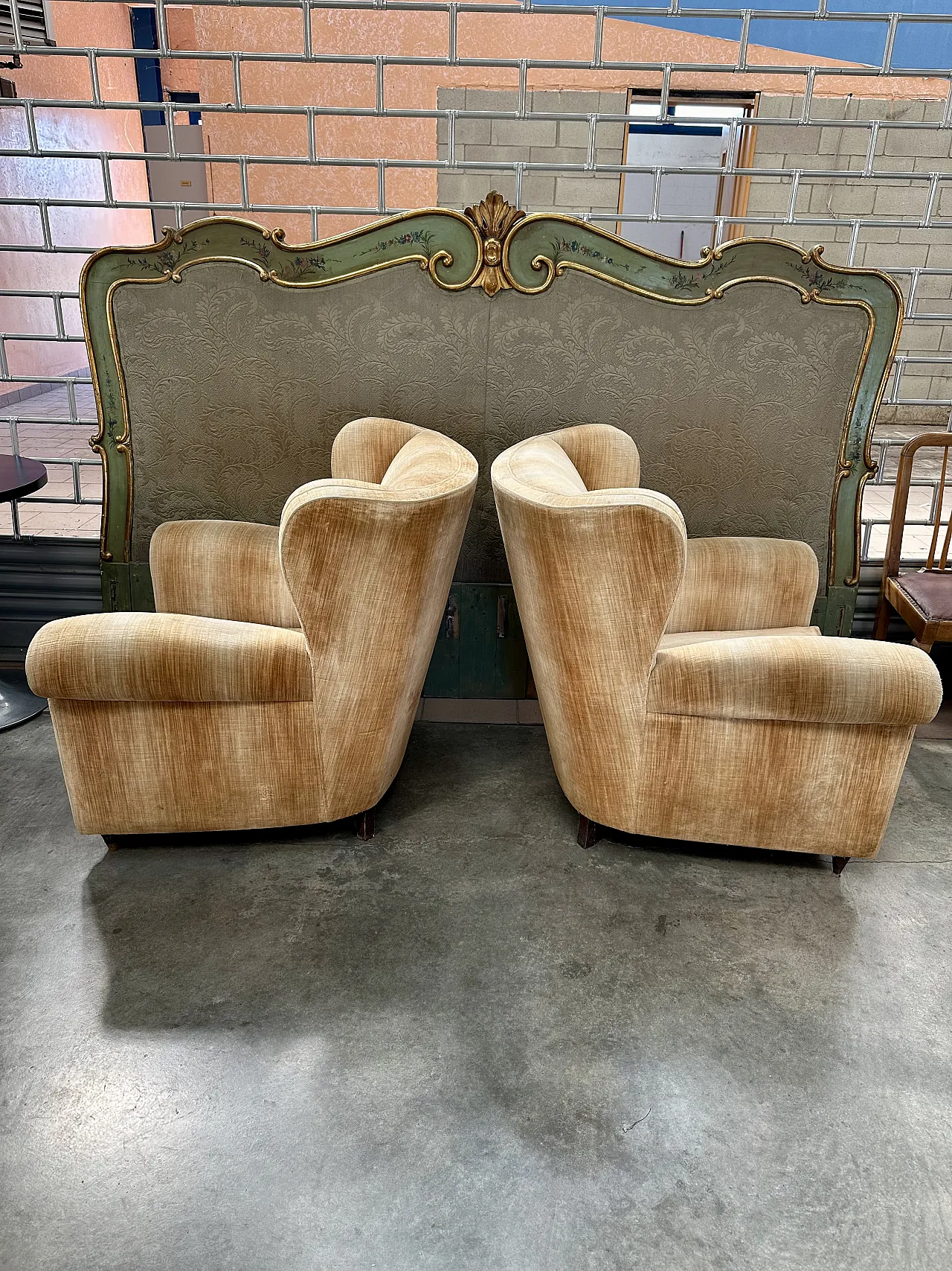Pair of Bergère armchairs in beige velvet, conical feet, Italy, 1950s 8