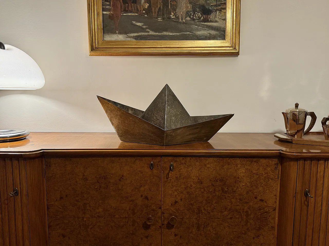 Silver plated paper boat sculpture by Aldo Cibic for Paola C, 1980 2