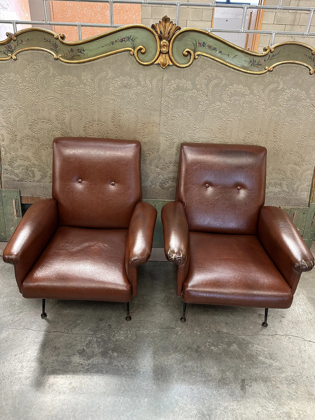 Pair of brown skai armchairs, conical metal feet, Italy, 1950s 2