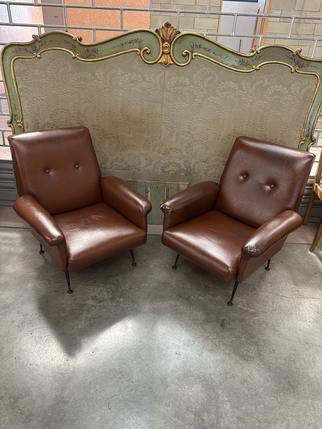 Pair of brown skai armchairs, conical metal feet, Italy, 1950s 3