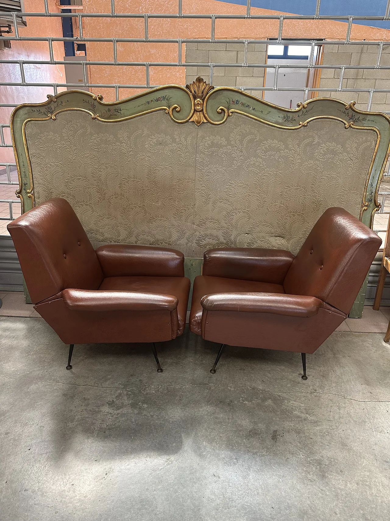 Pair of brown skai armchairs, conical metal feet, Italy, 1950s 4