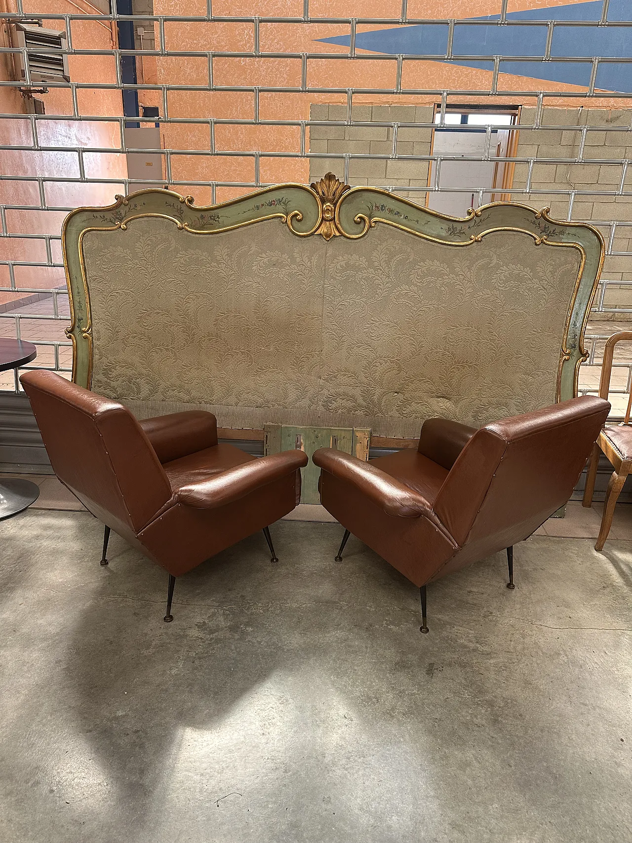 Pair of brown skai armchairs, conical metal feet, Italy, 1950s 5