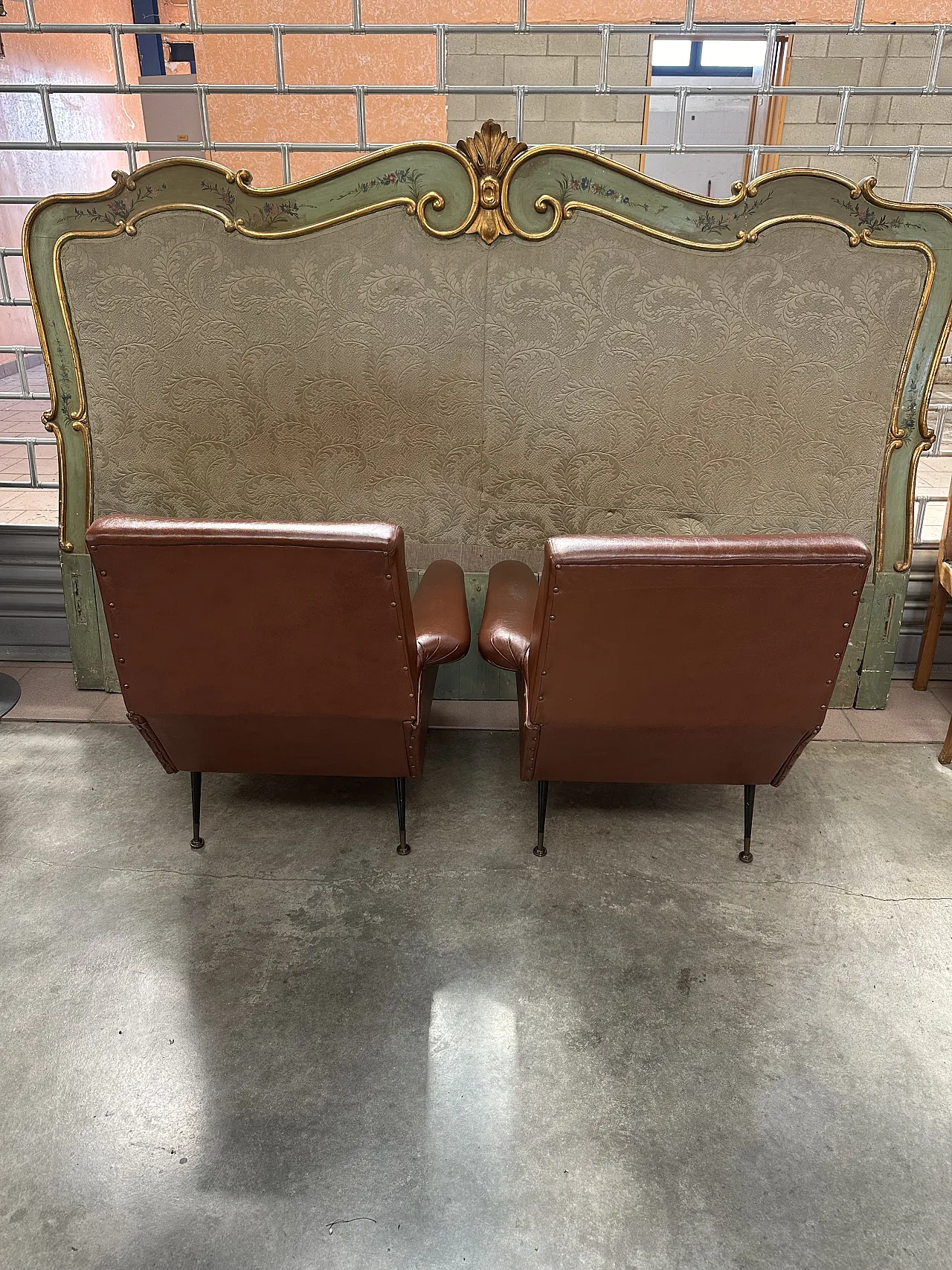 Pair of brown skai armchairs, conical metal feet, Italy, 1950s 6