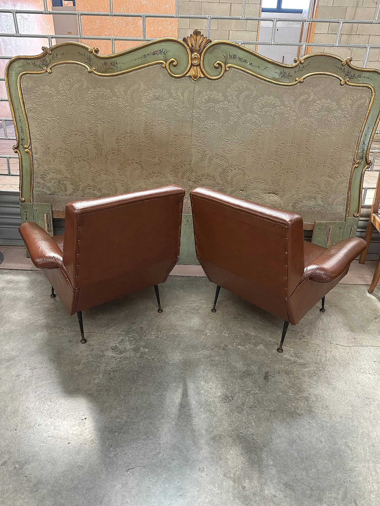 Pair of brown skai armchairs, conical metal feet, Italy, 1950s 7