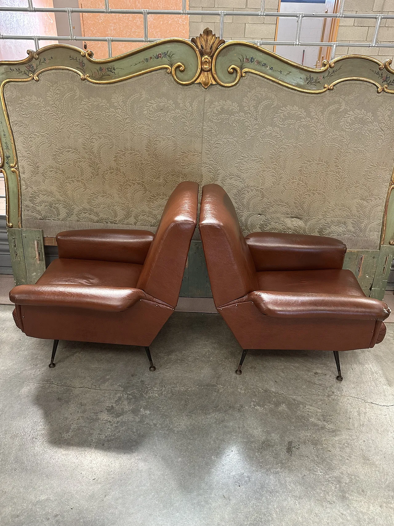 Pair of brown skai armchairs, conical metal feet, Italy, 1950s 8