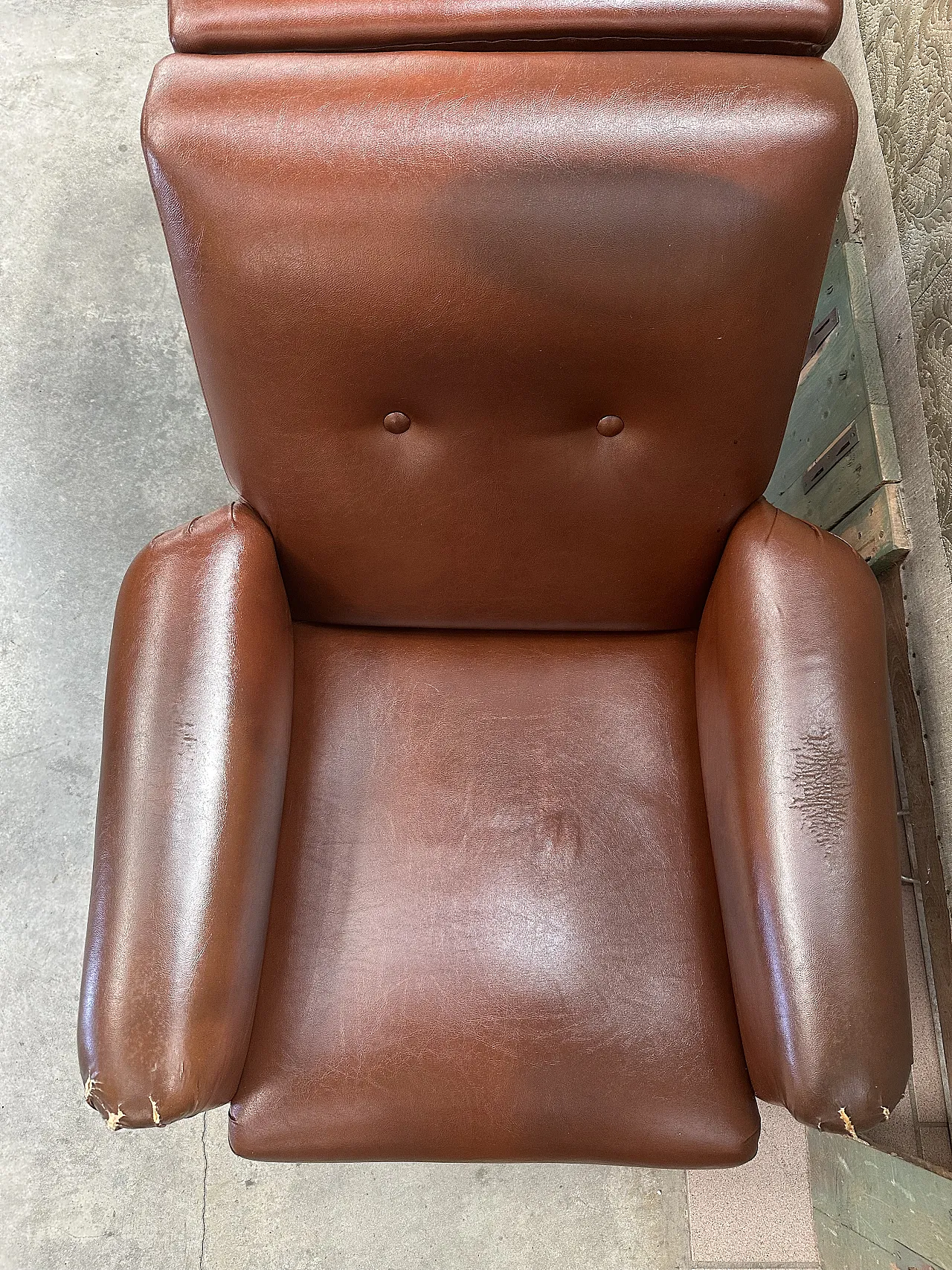 Pair of brown skai armchairs, conical metal feet, Italy, 1950s 9