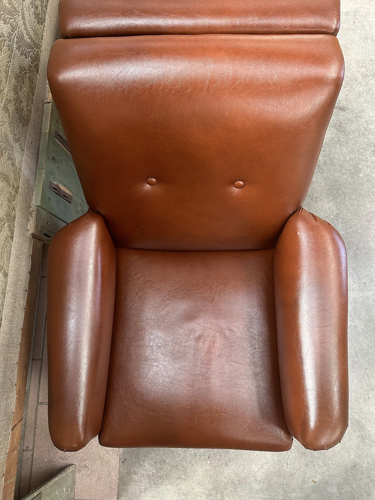 Pair of brown skai armchairs, conical metal feet, Italy, 1950s 10