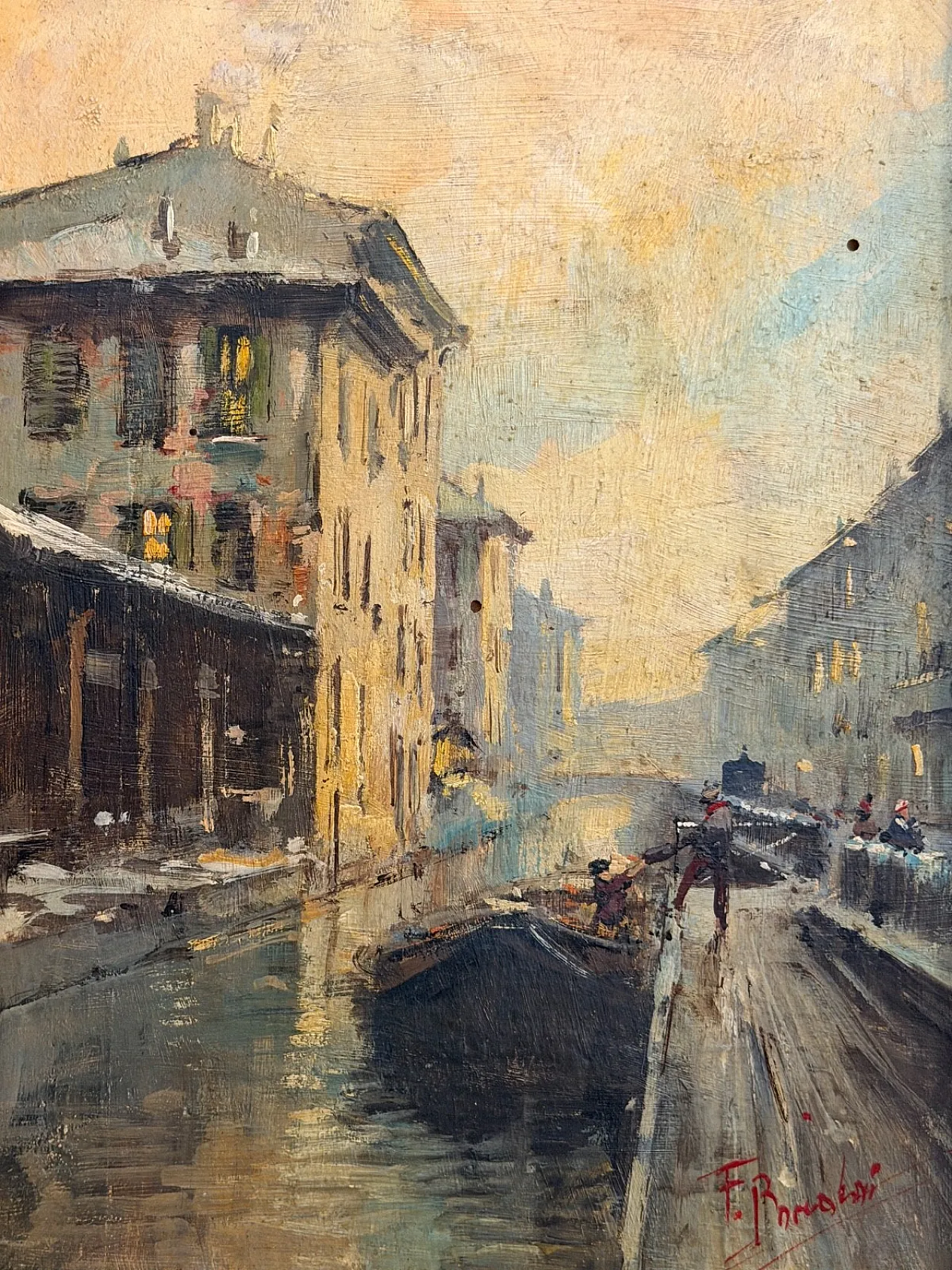Dipinto olio su tavola, paesaggio, naviglio milanese, '900 2