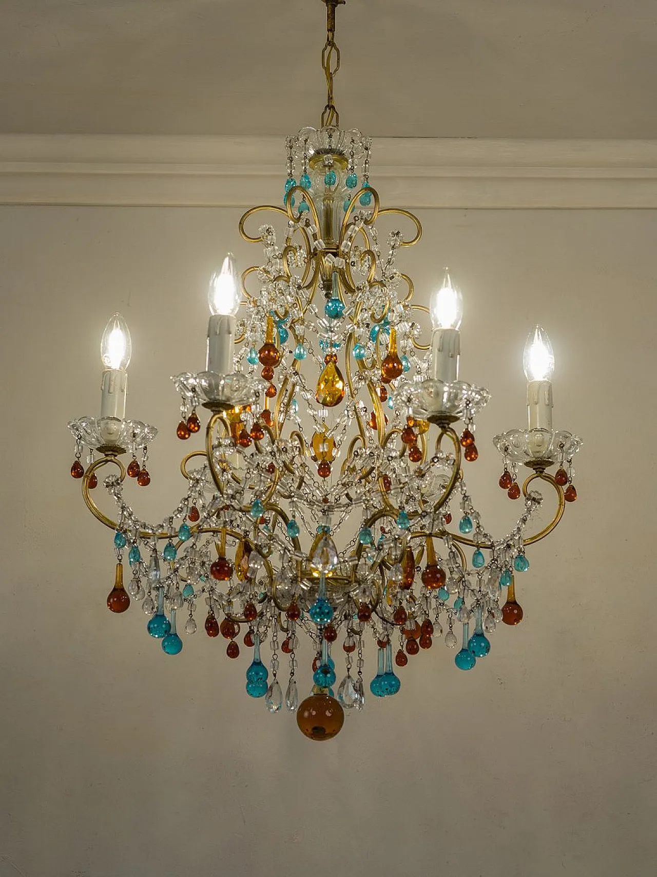 Lampadario in ferro dorato. cristallo e vetro di Murano, anni '50 6