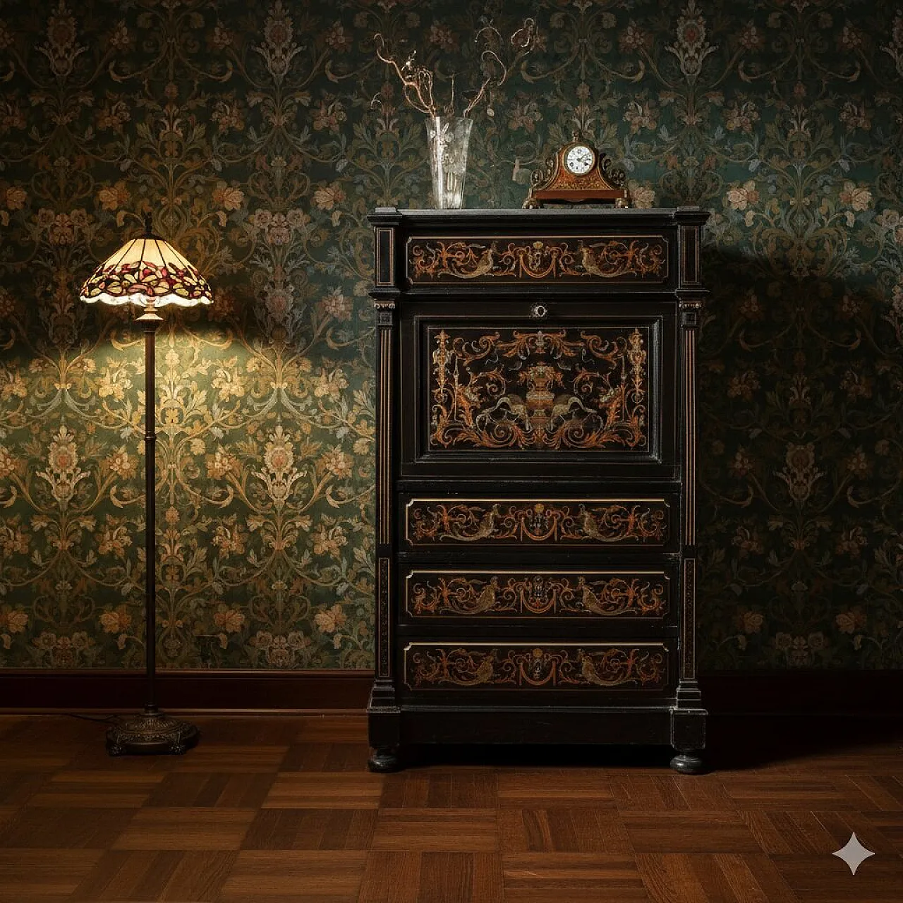 Ebonized mahogany and brass foil secretaire, 19th century 2