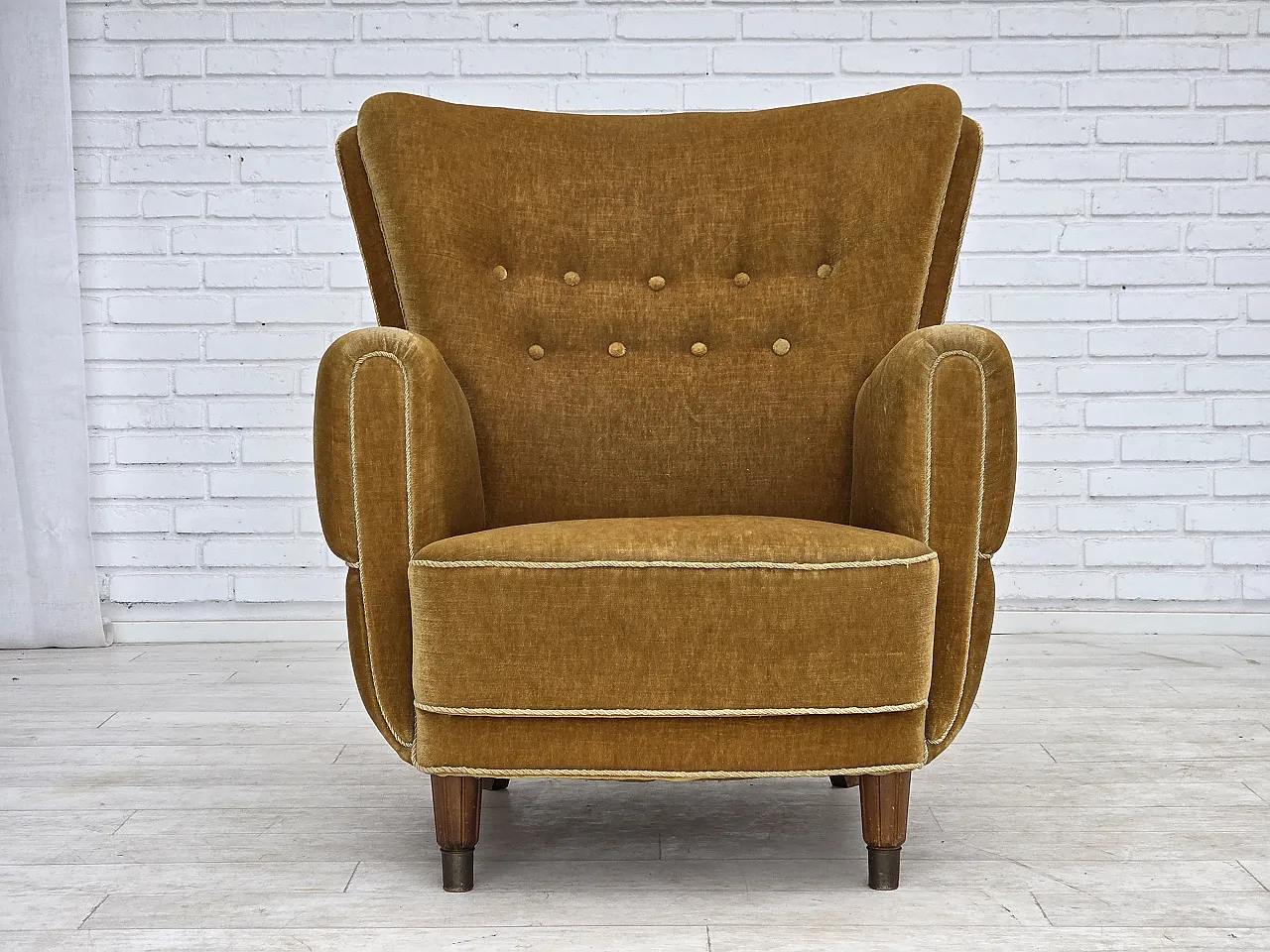 Danish relax chair, original honey yellow velour, 1960s 1