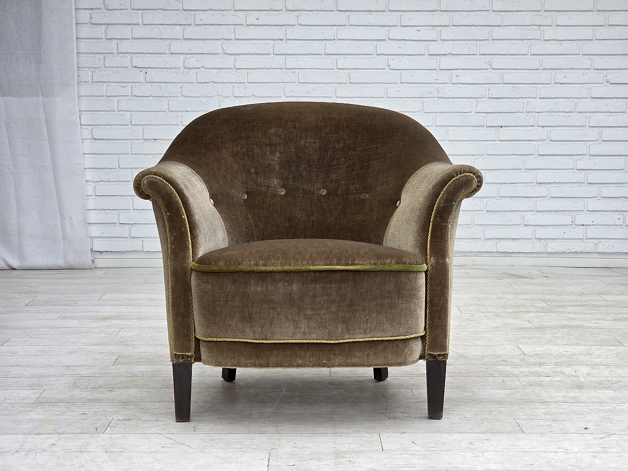 1960s, Danish armchair, original green furniture velour. 1