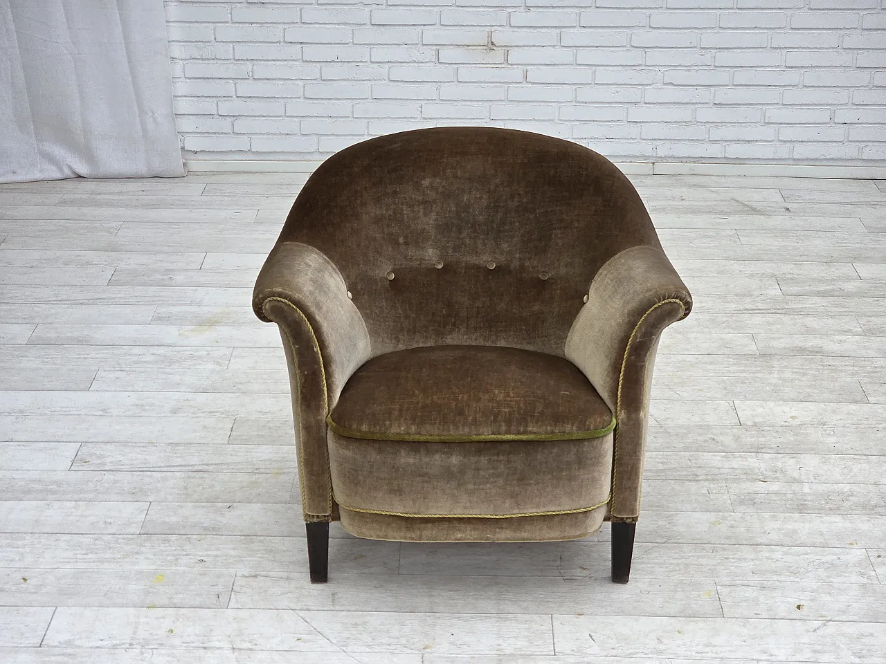 1960s, Danish armchair, original green furniture velour. 2