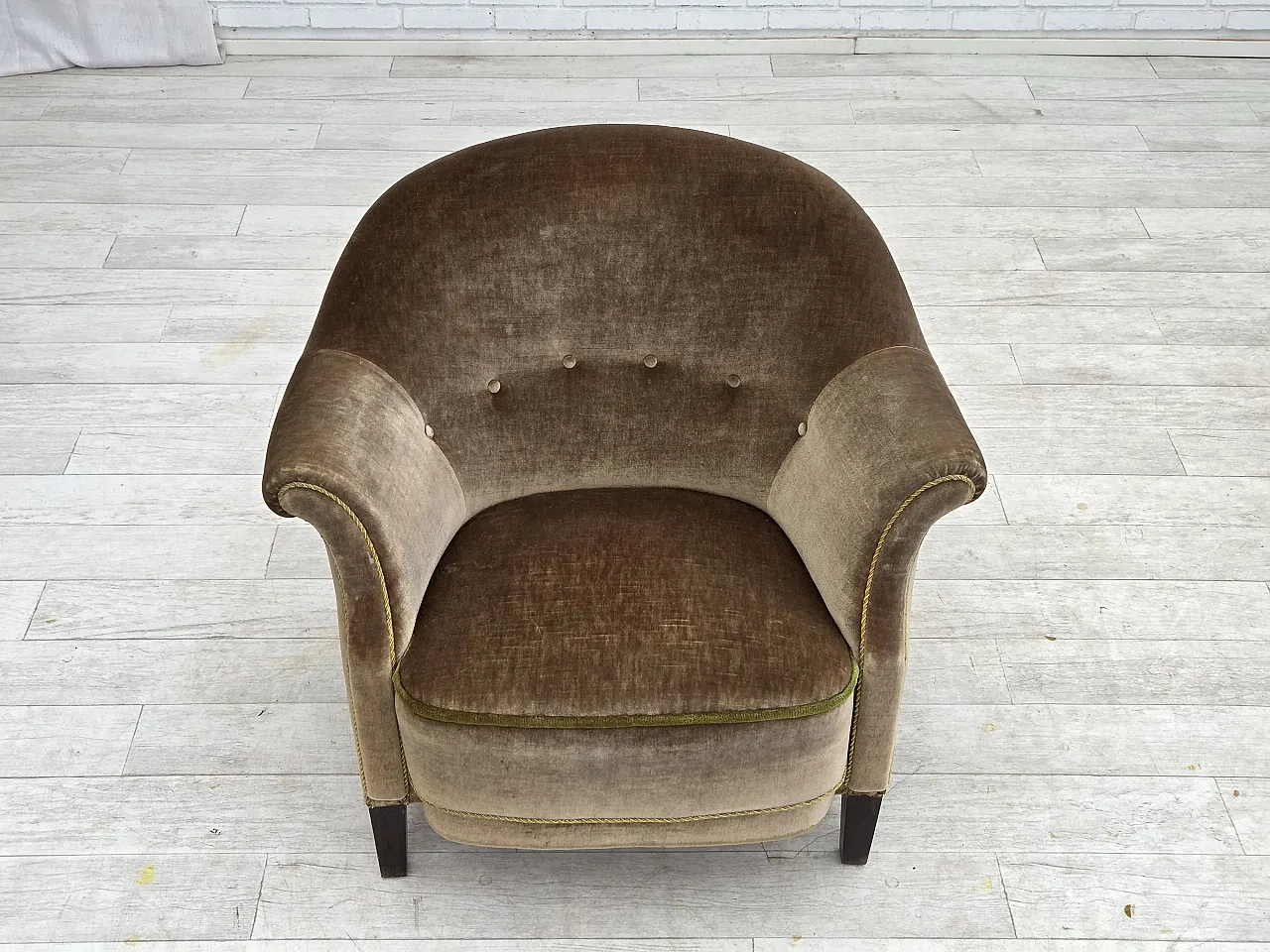 1960s, Danish armchair, original green furniture velour. 6