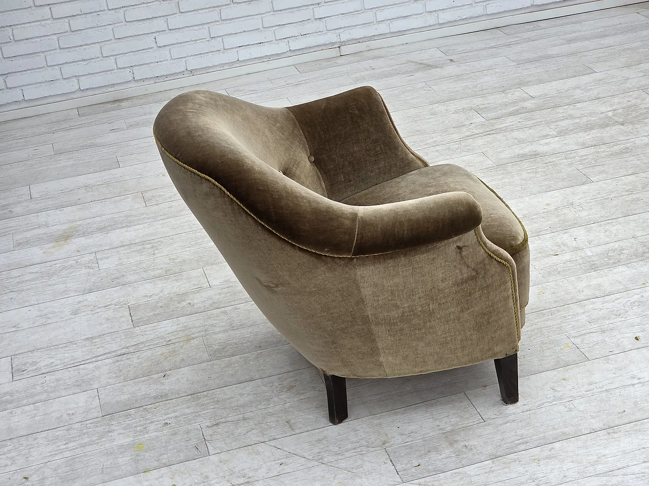 1960s, Danish armchair, original green furniture velour. 9