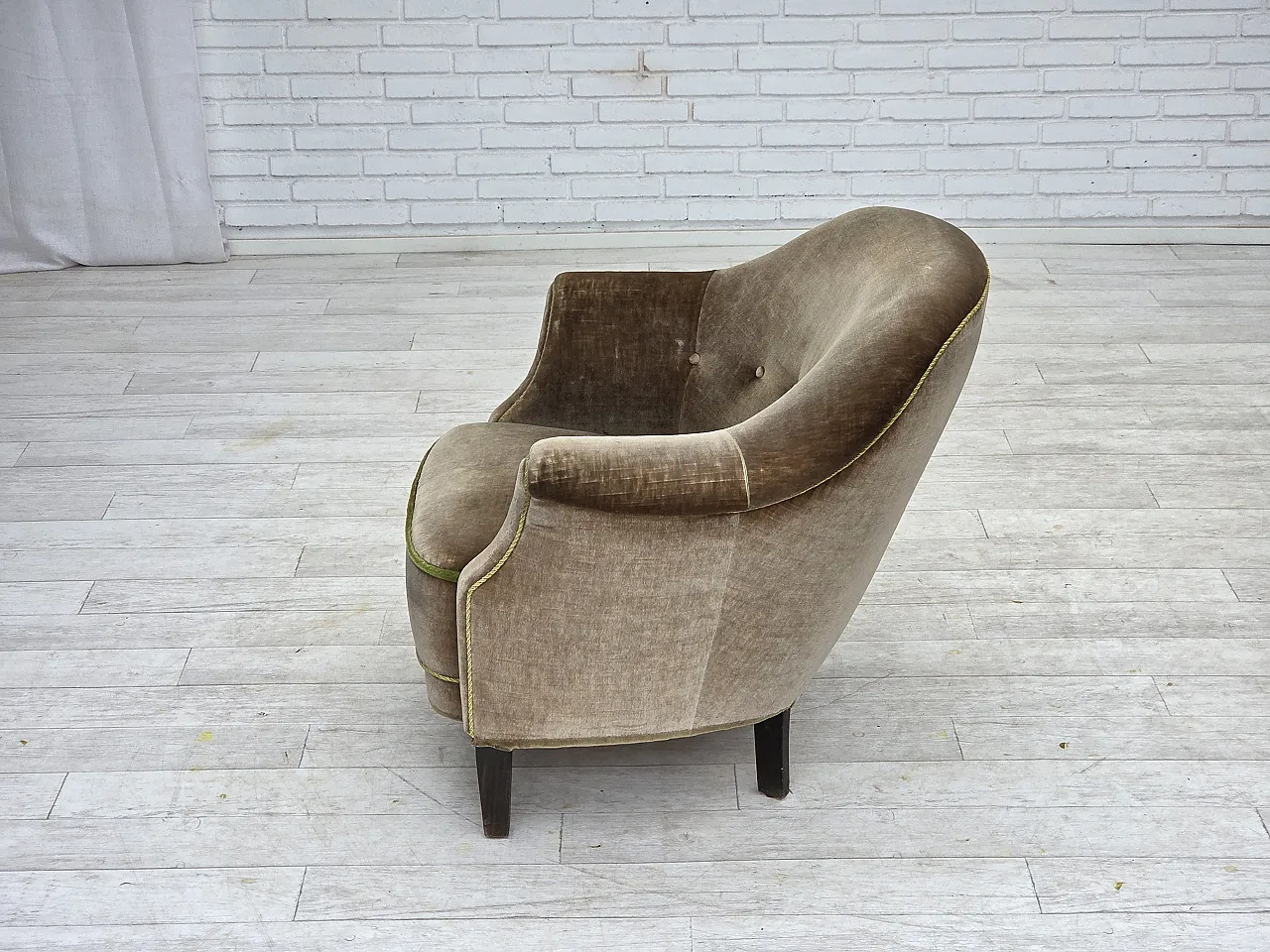 1960s, Danish armchair, original green furniture velour. 14