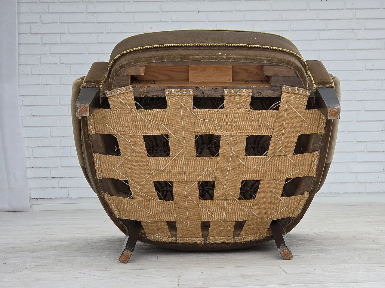 1960s, Danish armchair, original green furniture velour. 16