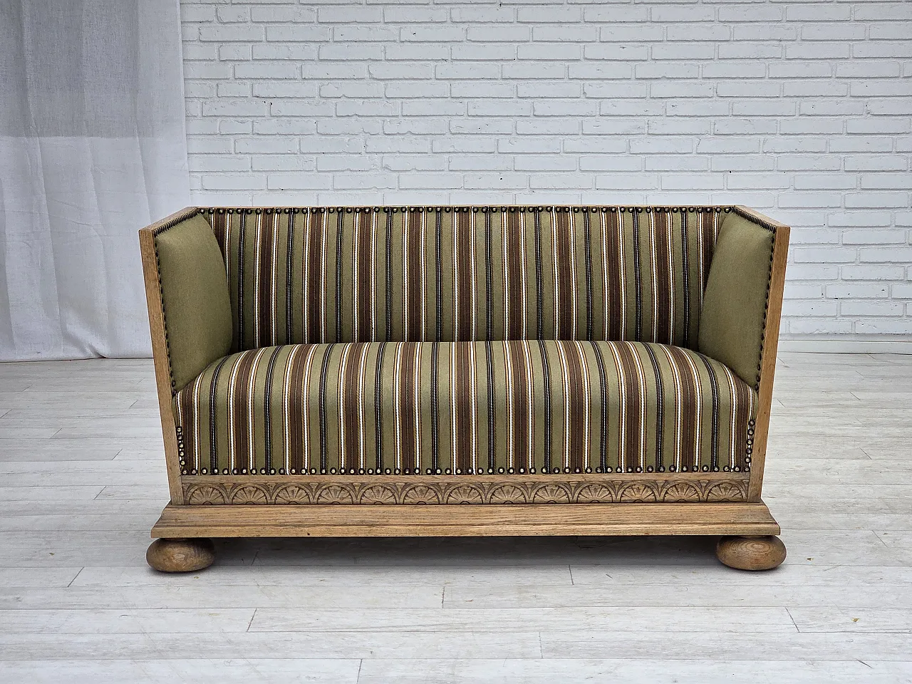 Danish 2-seater sofa striped green wool, 1950s 1