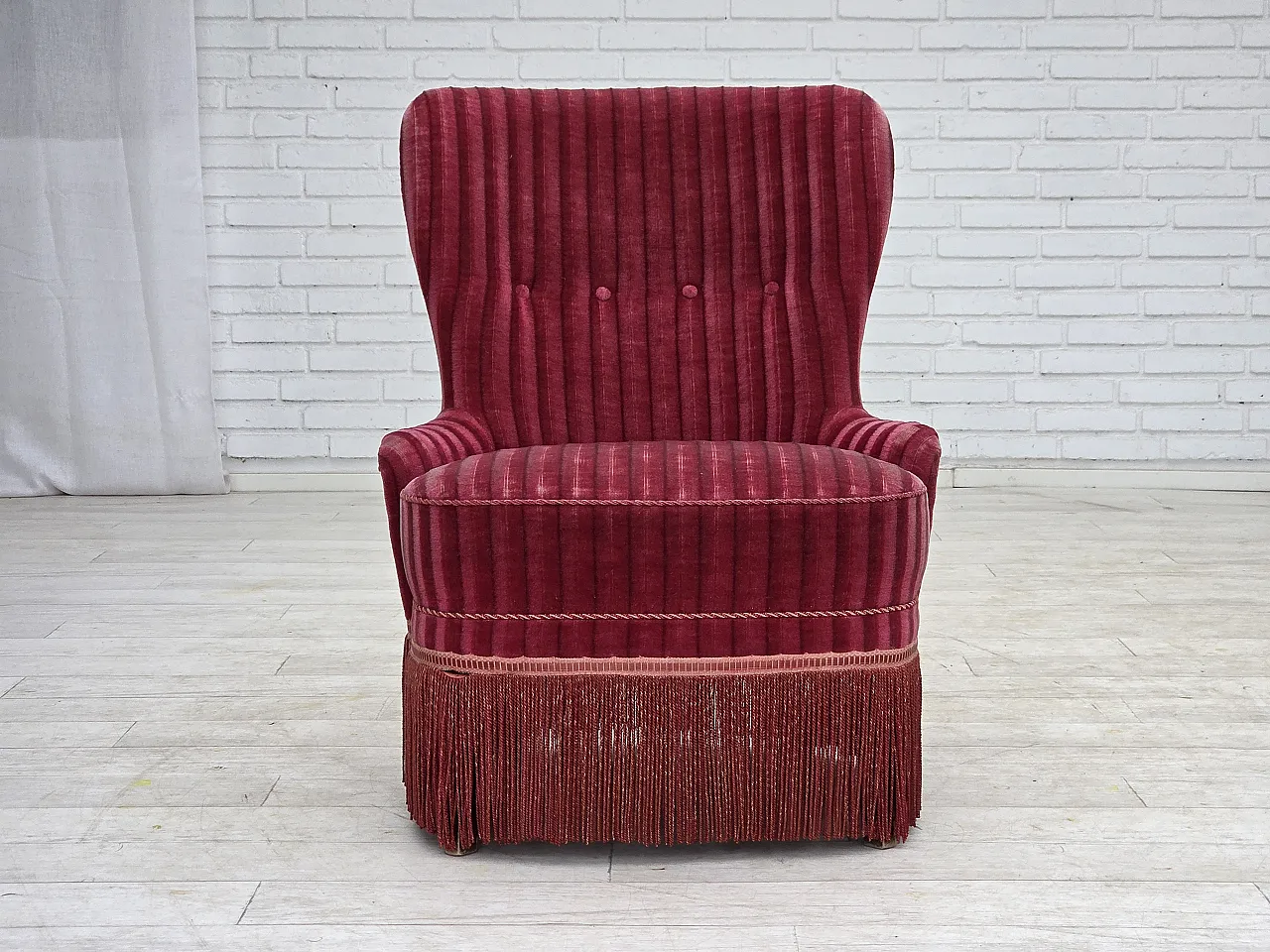 Danish armchair, striped red velour, 1960s 1